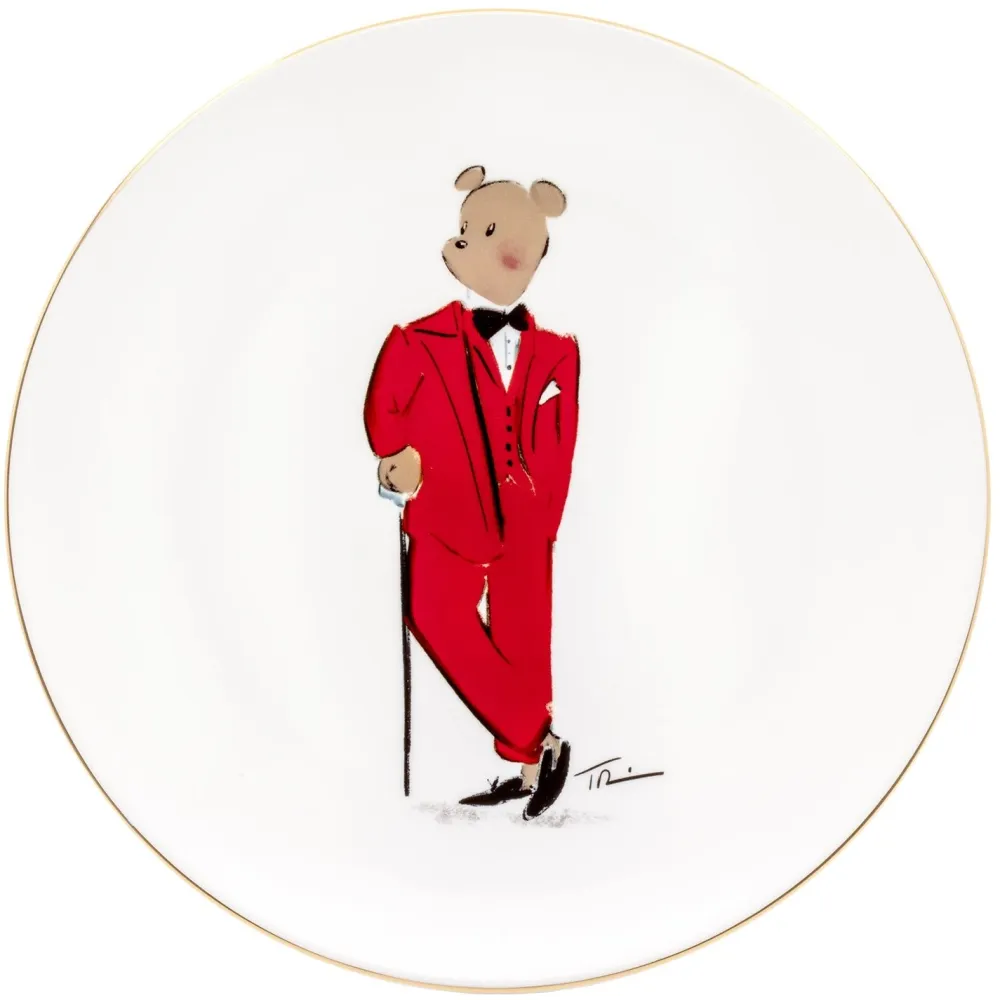 Halcyon Days Hal the Bear Red & White 8" Coupe Plates Set- Halcyon Days China|Halcyon Days