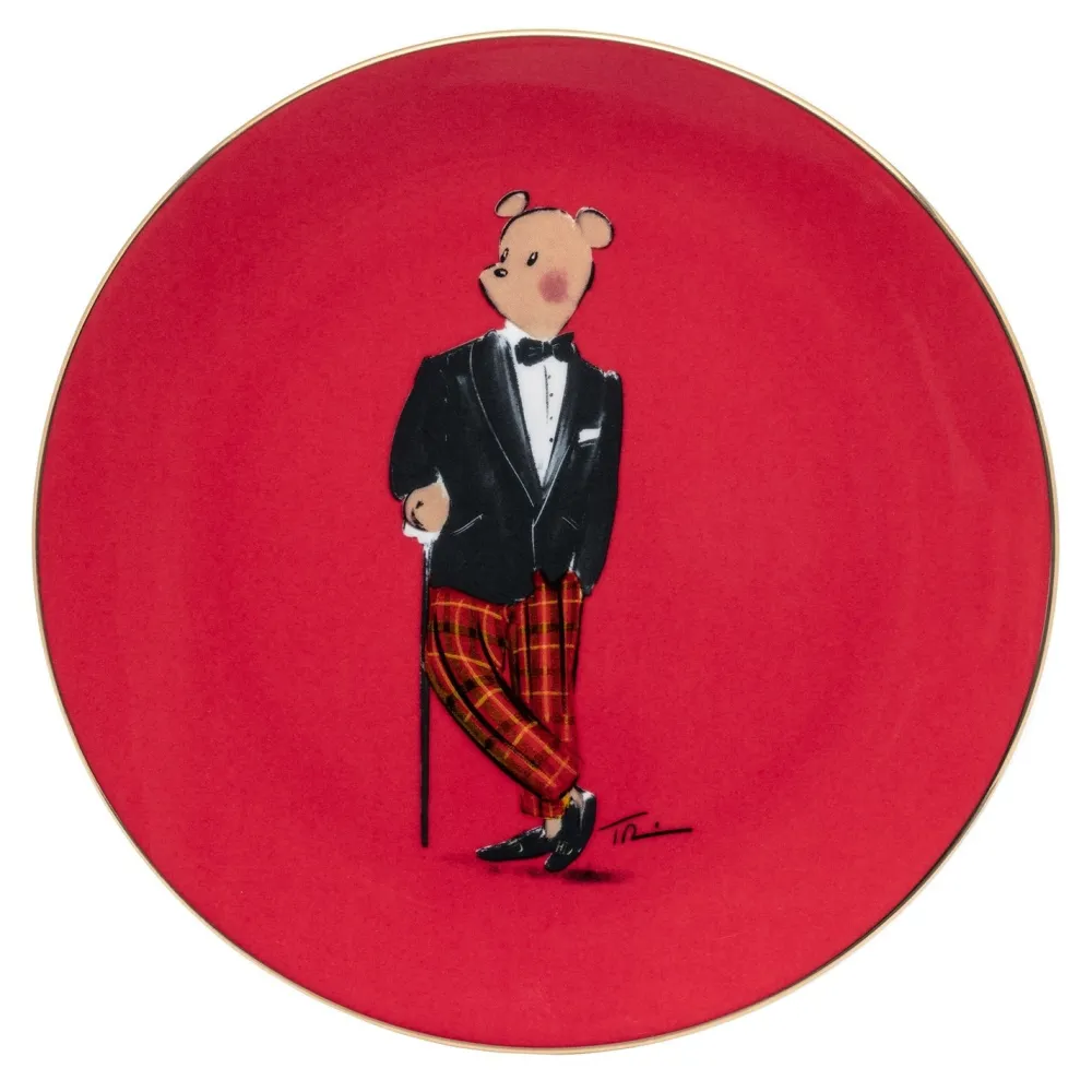 Halcyon Days Hal the Bear Red & White 8" Coupe Plates Set- Halcyon Days China|Halcyon Days