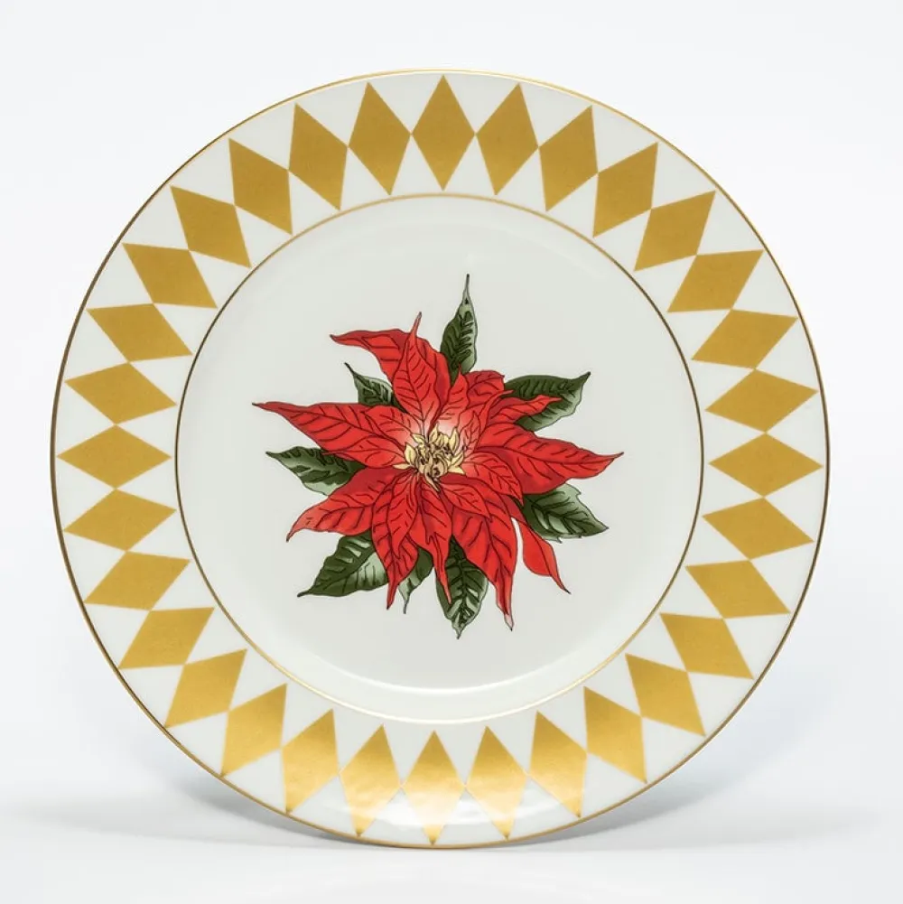 Halcyon Days Parterre Gold Rim with Poinsettia Salad Plate- Halcyon Days China|Halcyon Days