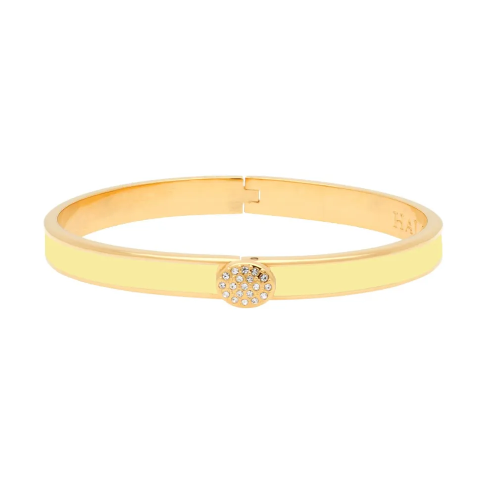 Halcyon Days Pave Button Buttercup & Gold Hinged Skinny Bangle- Bracelets & Bangles