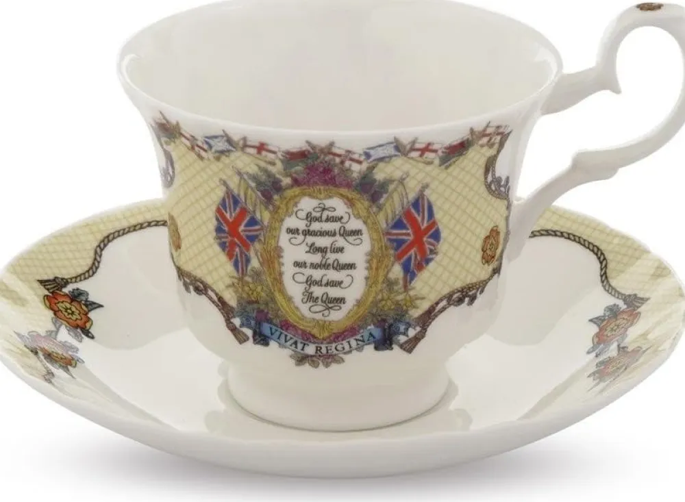 Halcyon Days Vivat Regina Ivory Teacup & Saucer- Halcyon Days China|Halcyon Days
