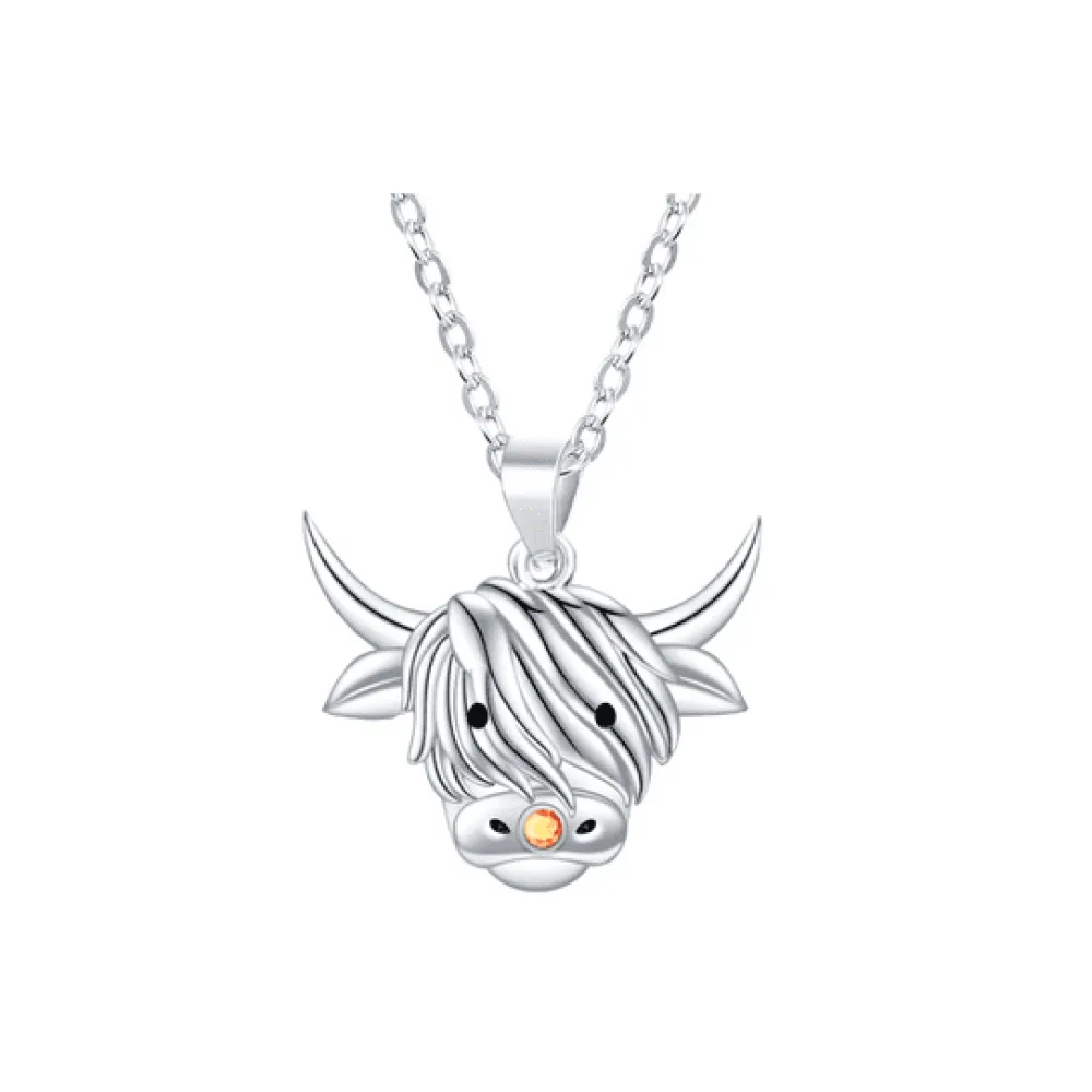 Highland Cow & Yellow-Amber Stone Pendant Necklace- Necklaces & Pendants