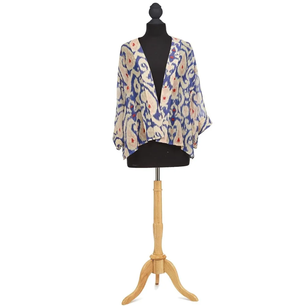 Ikat Print Blue Short Kimono- Robes, Nightgowns & Dresses