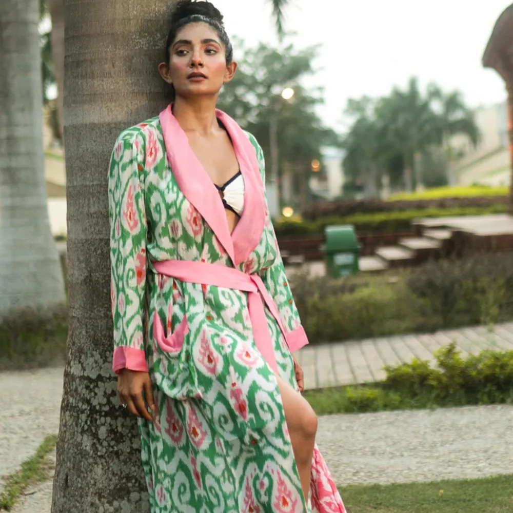 Ikat Print Green Robe Gown- Robes, Nightgowns & Dresses