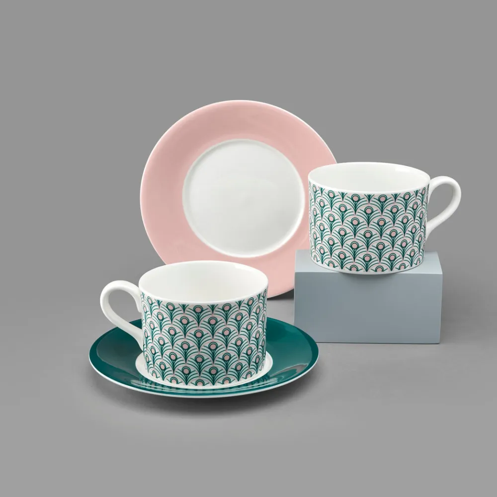 Jo Deakin Peacock Teal & Blush Pink Cup (Blush Saucer)- Teacups & Saucers