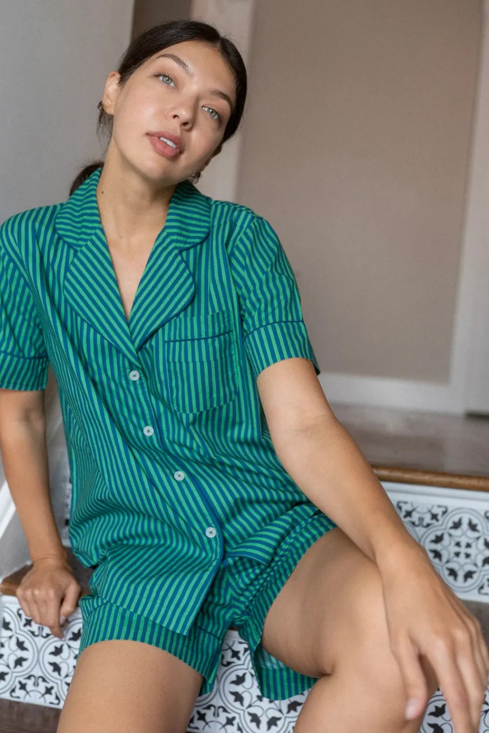Jungle Jane Navy-Green Stripes Nighty Nite- Robes, Nightgowns & Dresses