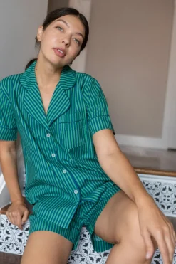 Jungle Jane Navy-Green Stripes Short Sleep Set- Robes, Nightgowns & Dresses