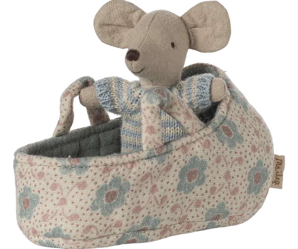 Maileg Baby Mouse in Carry Cot - Blue- Maileg|Toys