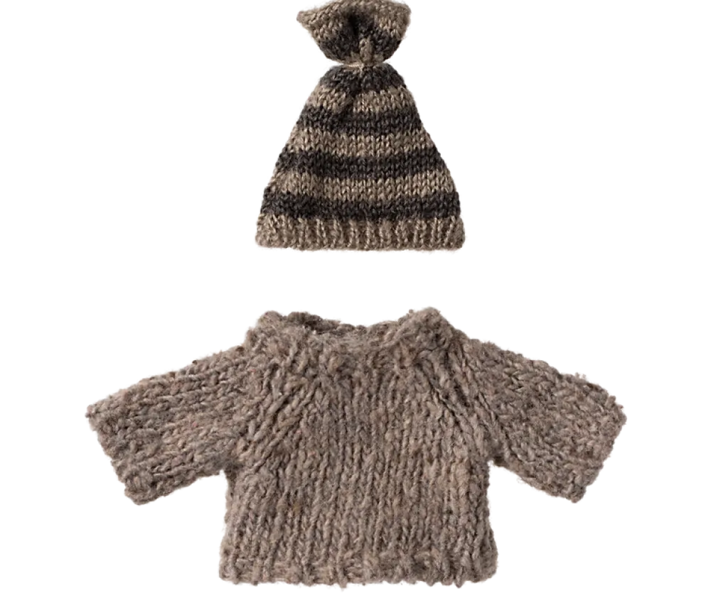 Maileg Knitted Sweater & Hat, Grey- Maileg|Toys