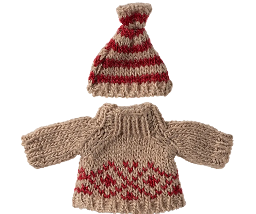 Maileg Knitted Sweater & Hat, Red- Maileg|Toys