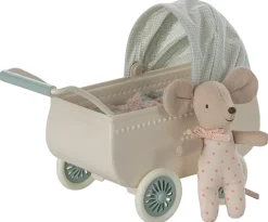 Maileg Pram with Baby Mouse - Mint- Maileg|Toys