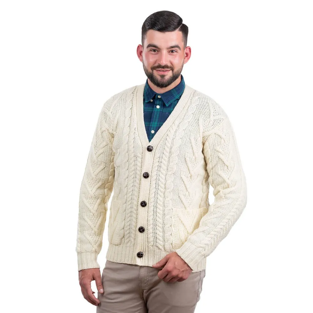 Men's V Neck Cable Cardigan (Natural)- Shirts & Sweaters