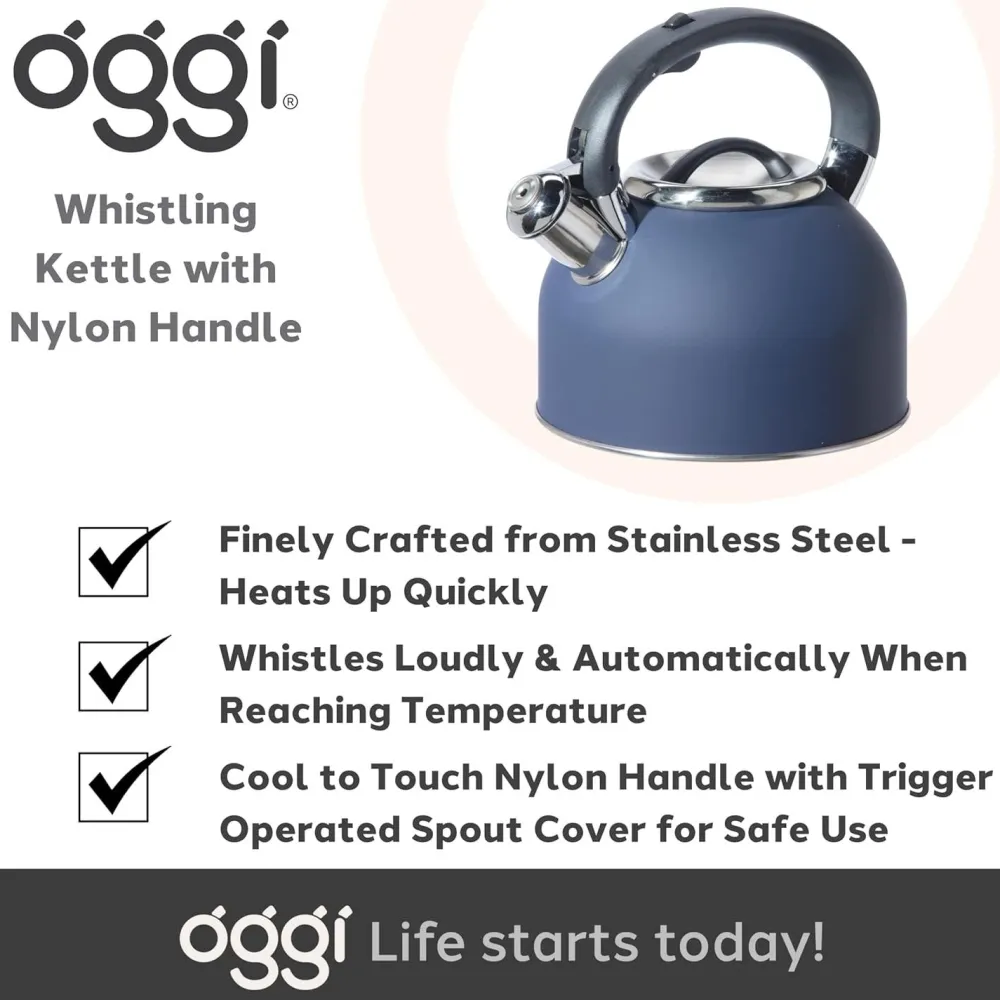 Oggi Stainless Steel Whistling Tea Kettle 1.9L (Blue)- Tea Kettles