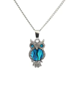 Paua Shell Ornate Owl Pendant Necklace- Necklaces & Pendants