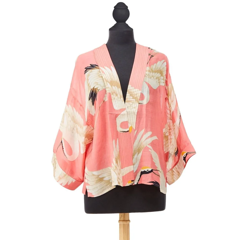 Peony Pink Heron Print Short Kimono- Robes, Nightgowns & Dresses