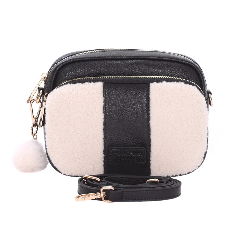 Pom Pom London Black Leather & Faux Fleece Original Bag- Pom Pom London