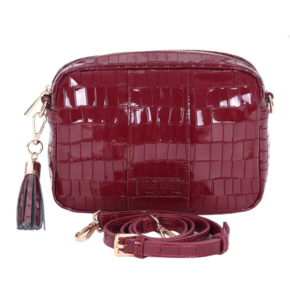 Pom Pom London Claret Patent Croc City Bag- Pom Pom London