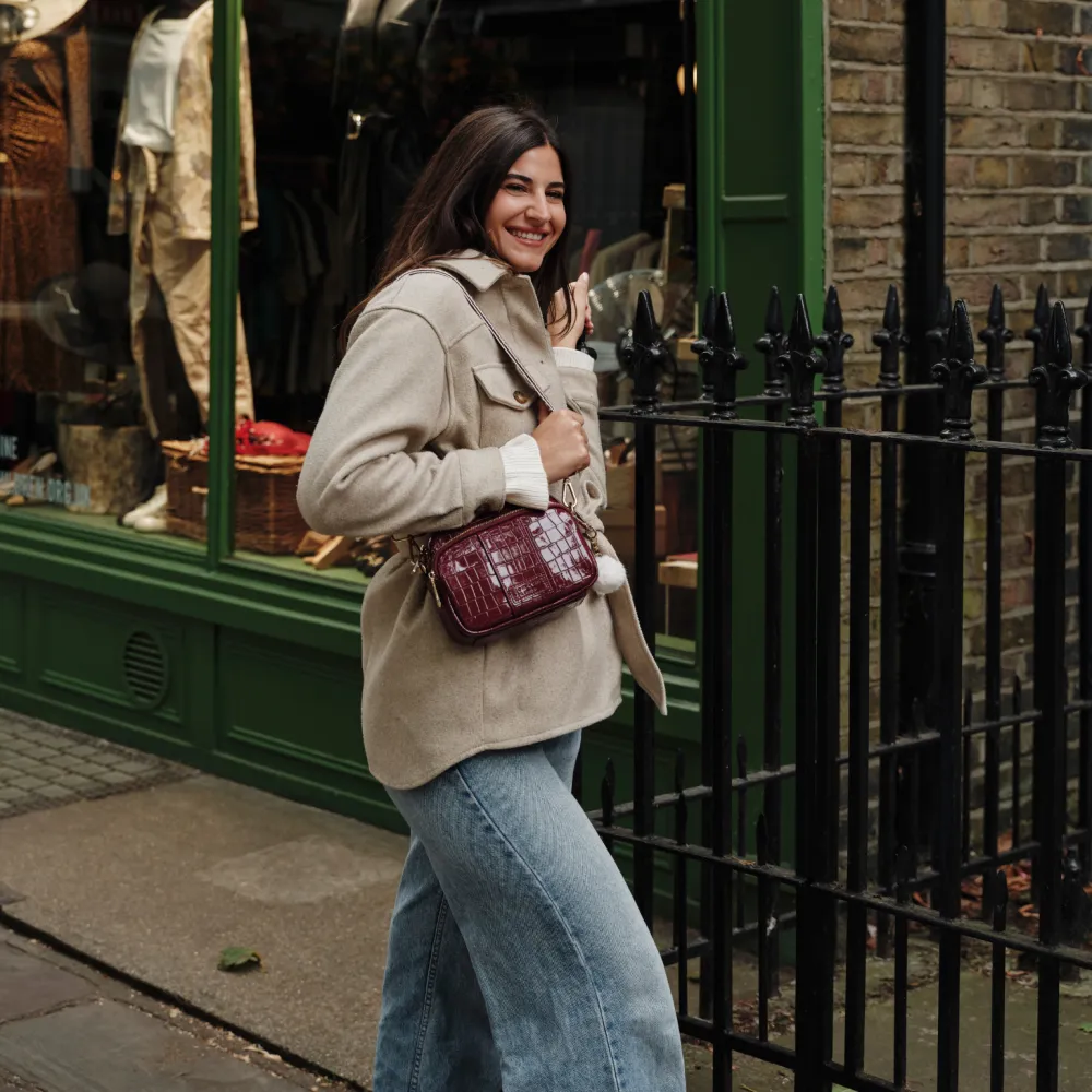Pom Pom London Claret Patent Croc Original Bag- Pom Pom London