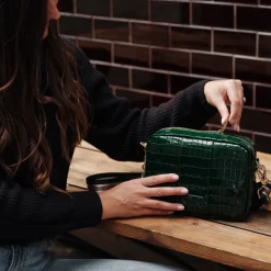 Pom Pom London Clover Green Patent Croc City Bag- Pom Pom London
