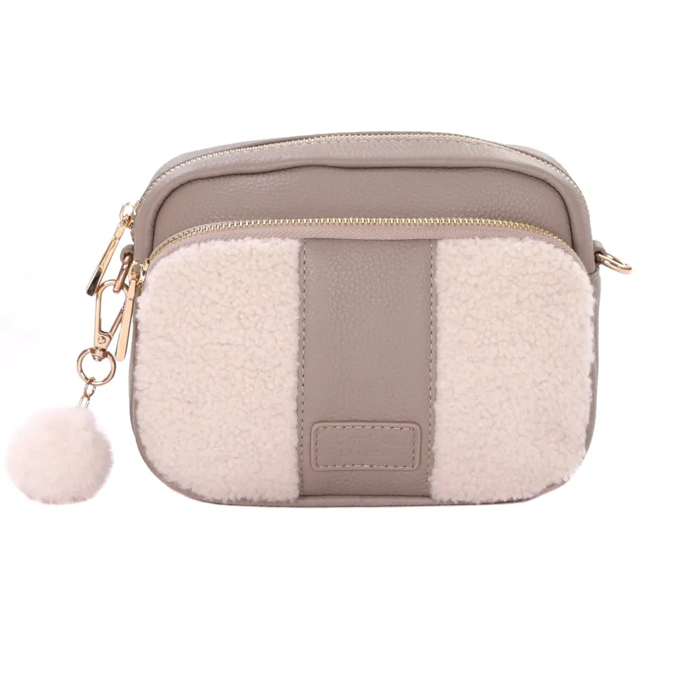 Pom Pom London Stone Leather & Faux Fleece Original Bag- Pom Pom London