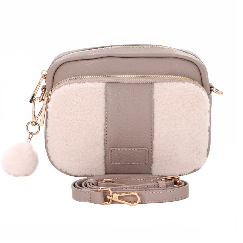 Pom Pom London Stone Leather & Faux Fleece Original Bag- Pom Pom London