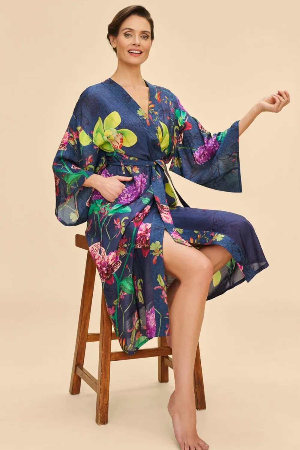 Powder UK Floral Evening Kimono Gown (Ink)- Robes, Nightgowns & Dresses
