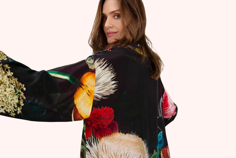 Powder UK Opulant Florals, Chocolate Mid-Length Kimono- Robes, Nightgowns & Dresses