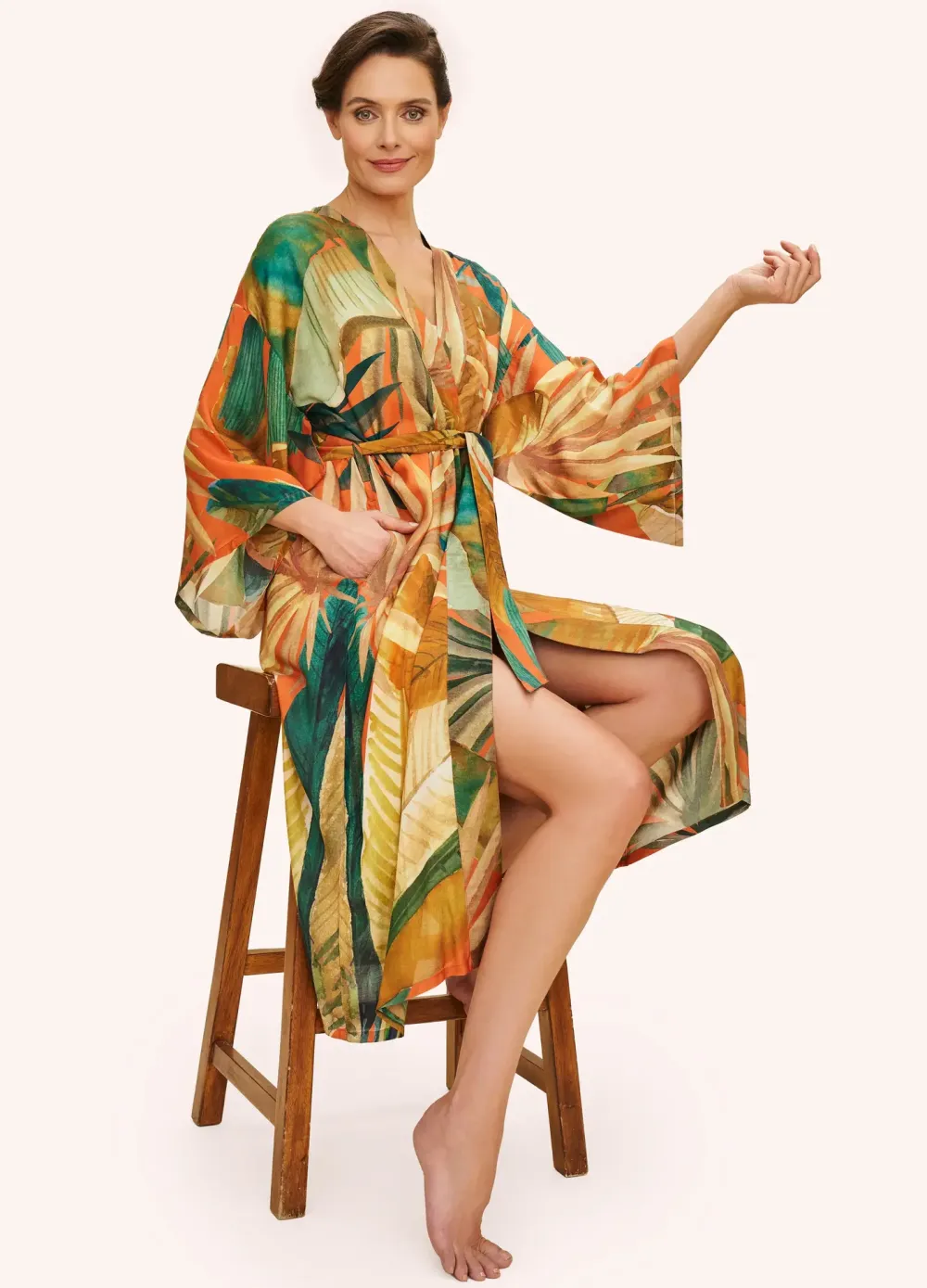 Powder UK Painted Palms Tangerine Kimono Gown- Robes, Nightgowns & Dresses