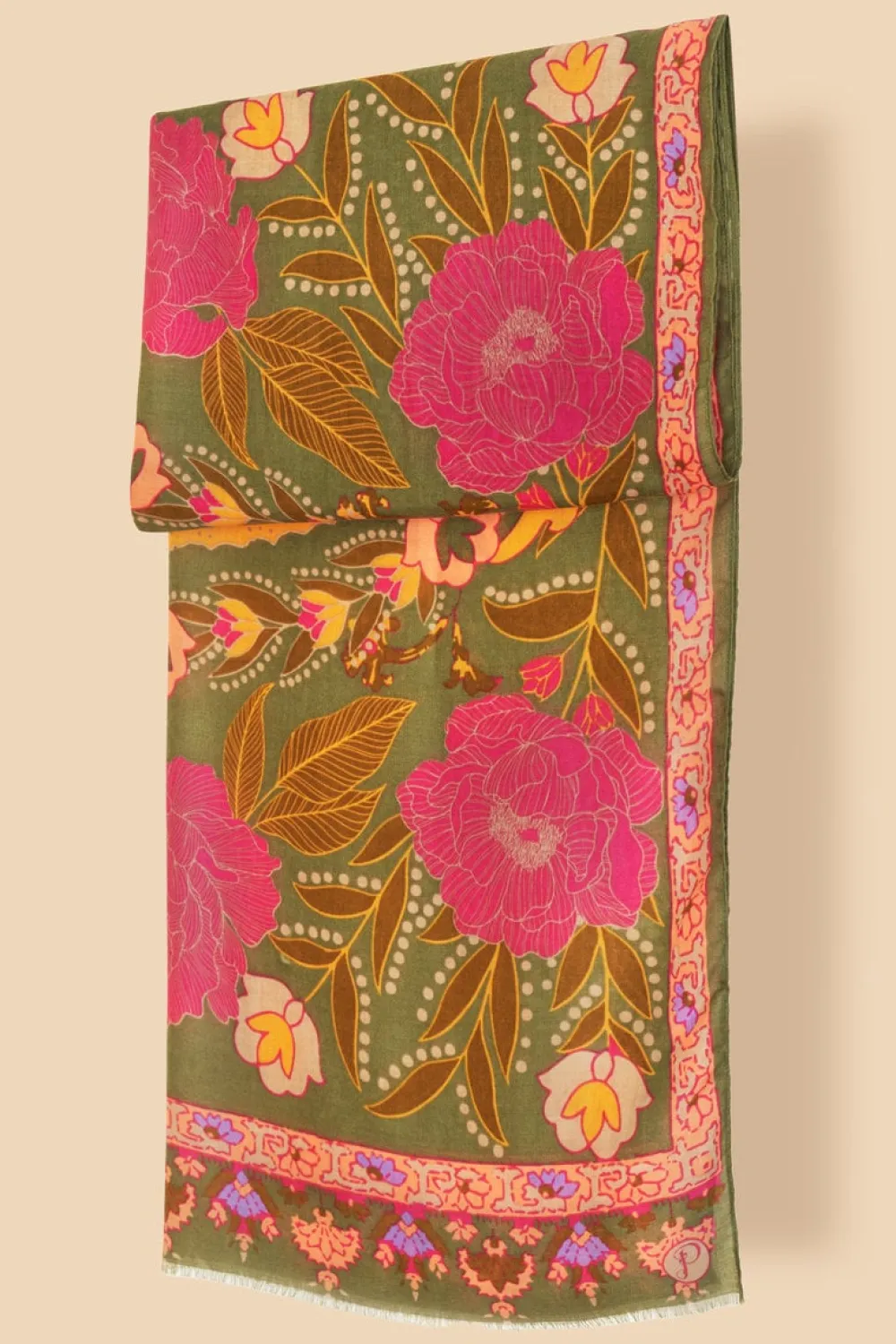 Powder UK Printed Folk Floral Roses Scarf (Olive)- Scarves & Wraps