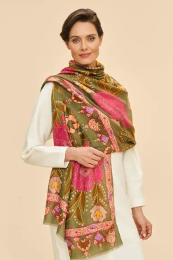 Powder UK Printed Folk Floral Roses Scarf (Olive)- Scarves & Wraps