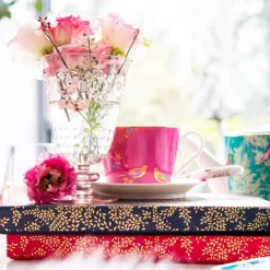 Sara Miller London Sara Miller Chelsea Collection Pink Birds Teacup & Saucer- Teacups & Saucers