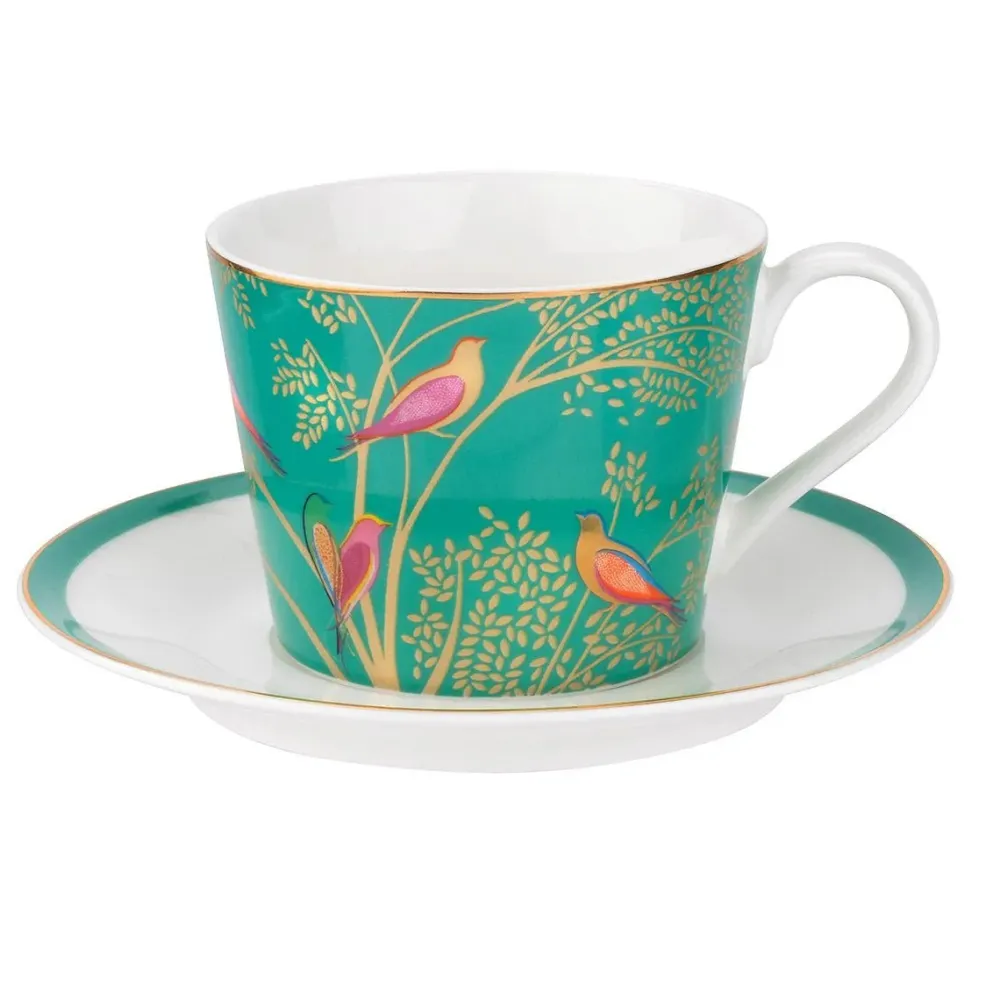 Sara Miller London Sara Miller Chelsea Collection Green Birds Teacup & Saucer- Teacups & Saucers