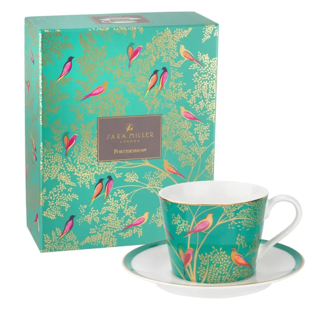 Sara Miller London Sara Miller Chelsea Collection Green Birds Teacup & Saucer- Teacups & Saucers