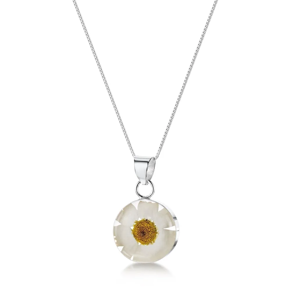 Shrieking Violet Daisy White Small Round Silver Pendant Necklace- Necklaces & Pendants