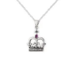 Silver Scottish Crown Pendant Necklace with Ruby Colour Stone- Necklaces & Pendants