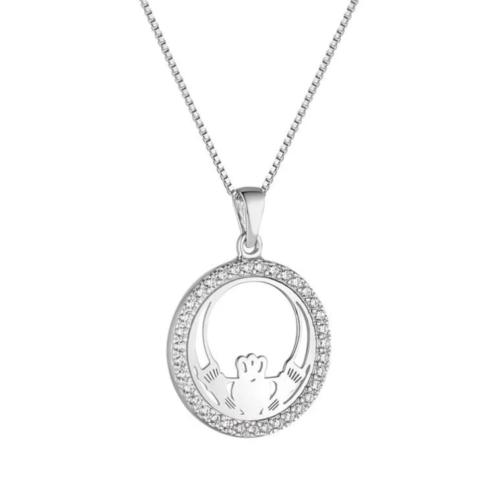 Solvar Round Claddagh Sterling Silver & Cubic Zirconia Pendant Necklace- Necklaces & Pendants