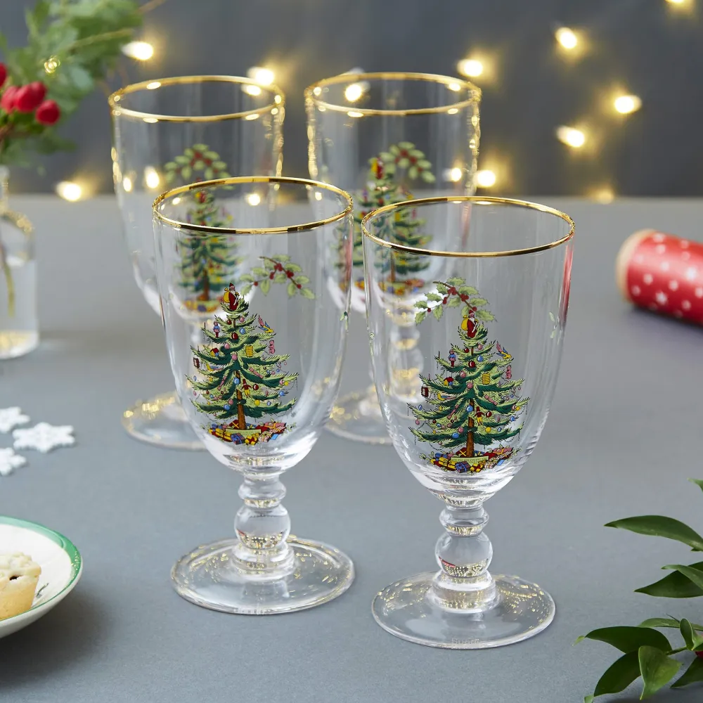 Spode Christmas Tree Pedestal Goblets Set- Glasses & Steins