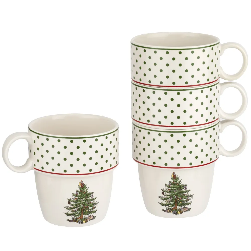 Spode Christmas Tree Polka Dot Stackable Mugs Set- Assorted Mugs