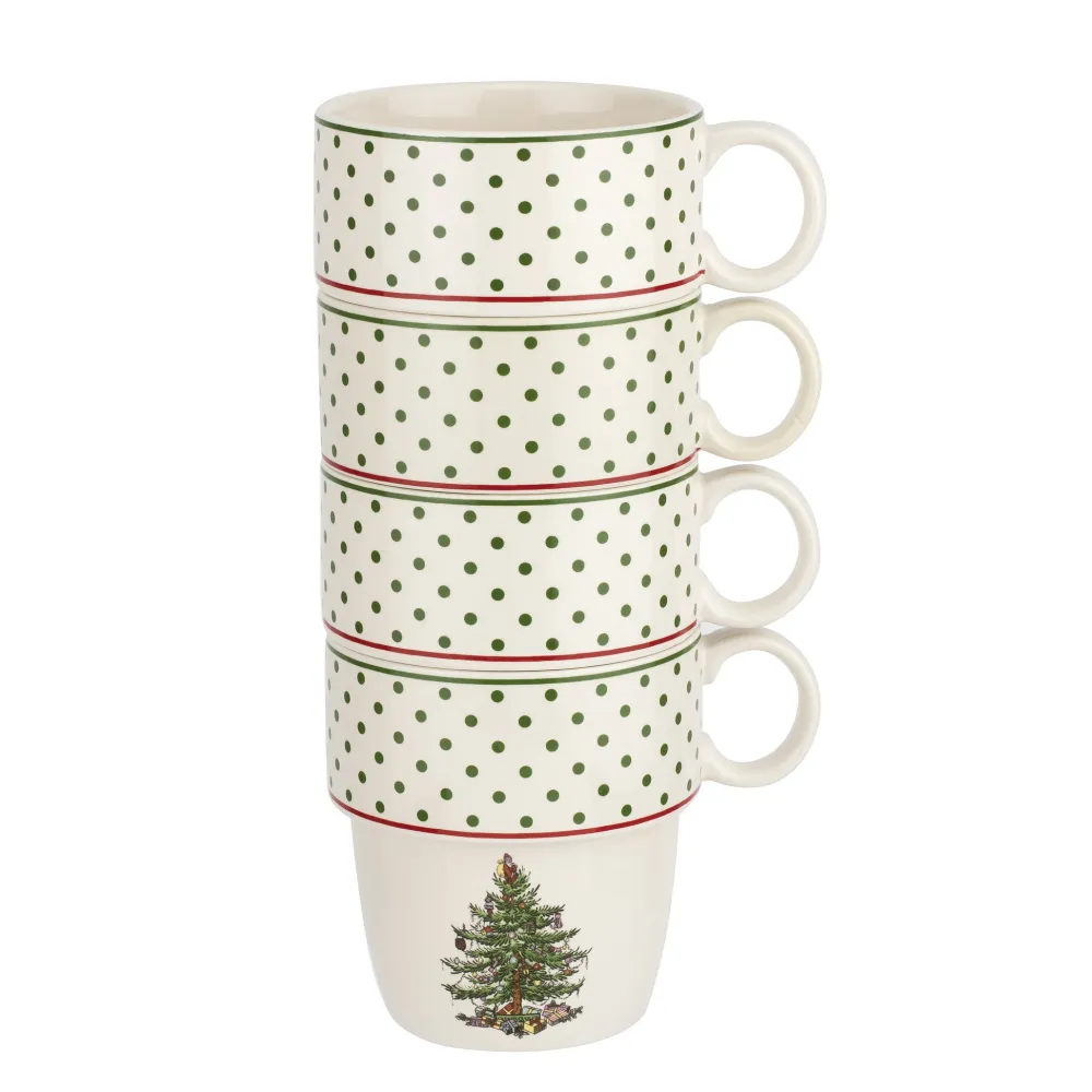 Spode Christmas Tree Polka Dot Stackable Mugs Set- Assorted Mugs