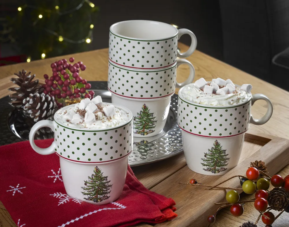 Spode Christmas Tree Polka Dot Stackable Mugs Set- Assorted Mugs