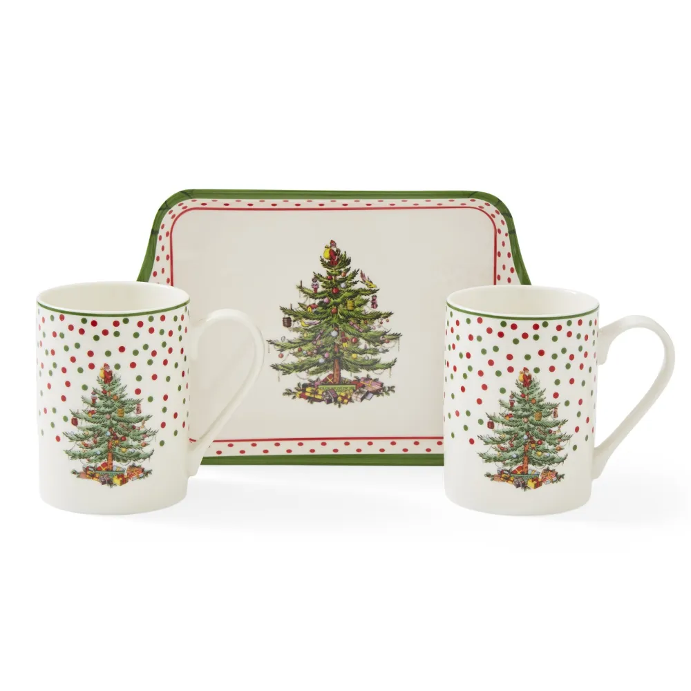 Spode Christmas Tree Polka Dot Mugs & Tray Set- Assorted Mugs|Tea Trays