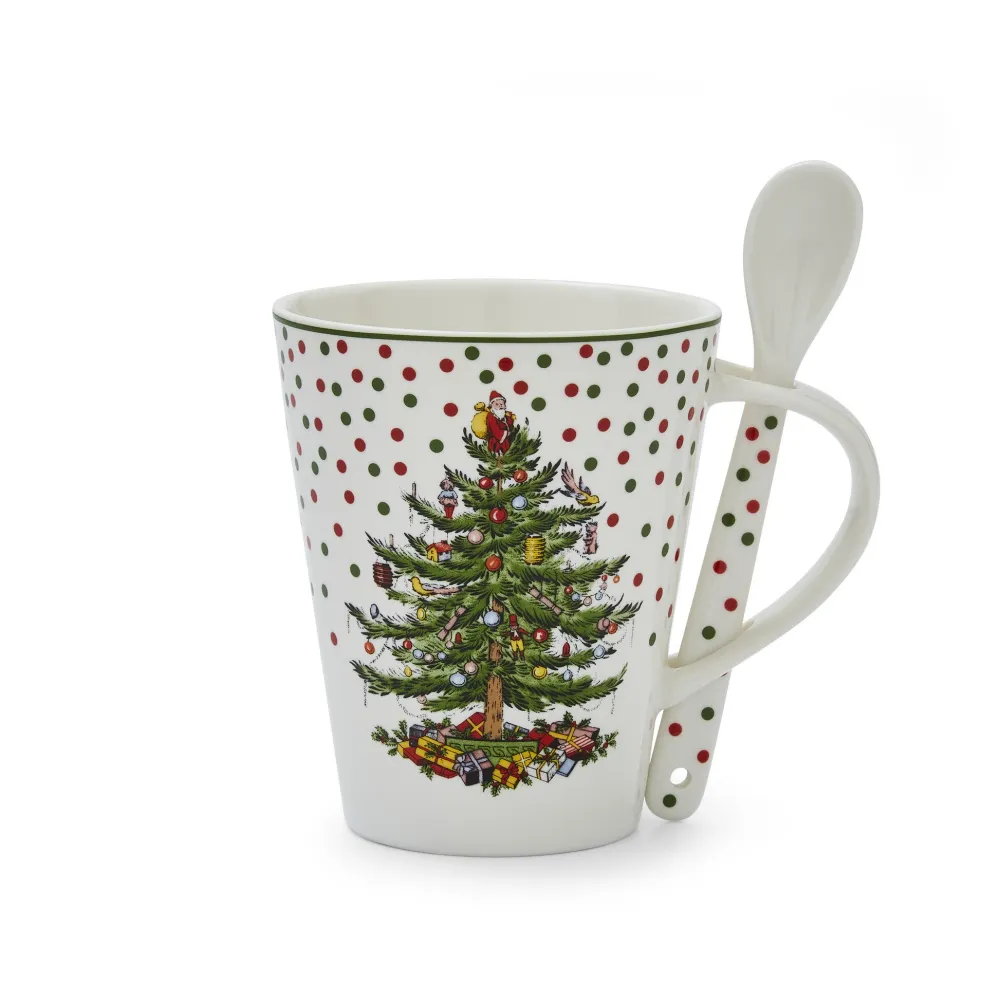 Spode Christmas Tree Polka Dot Mug & Spoon Set- Assorted Mugs