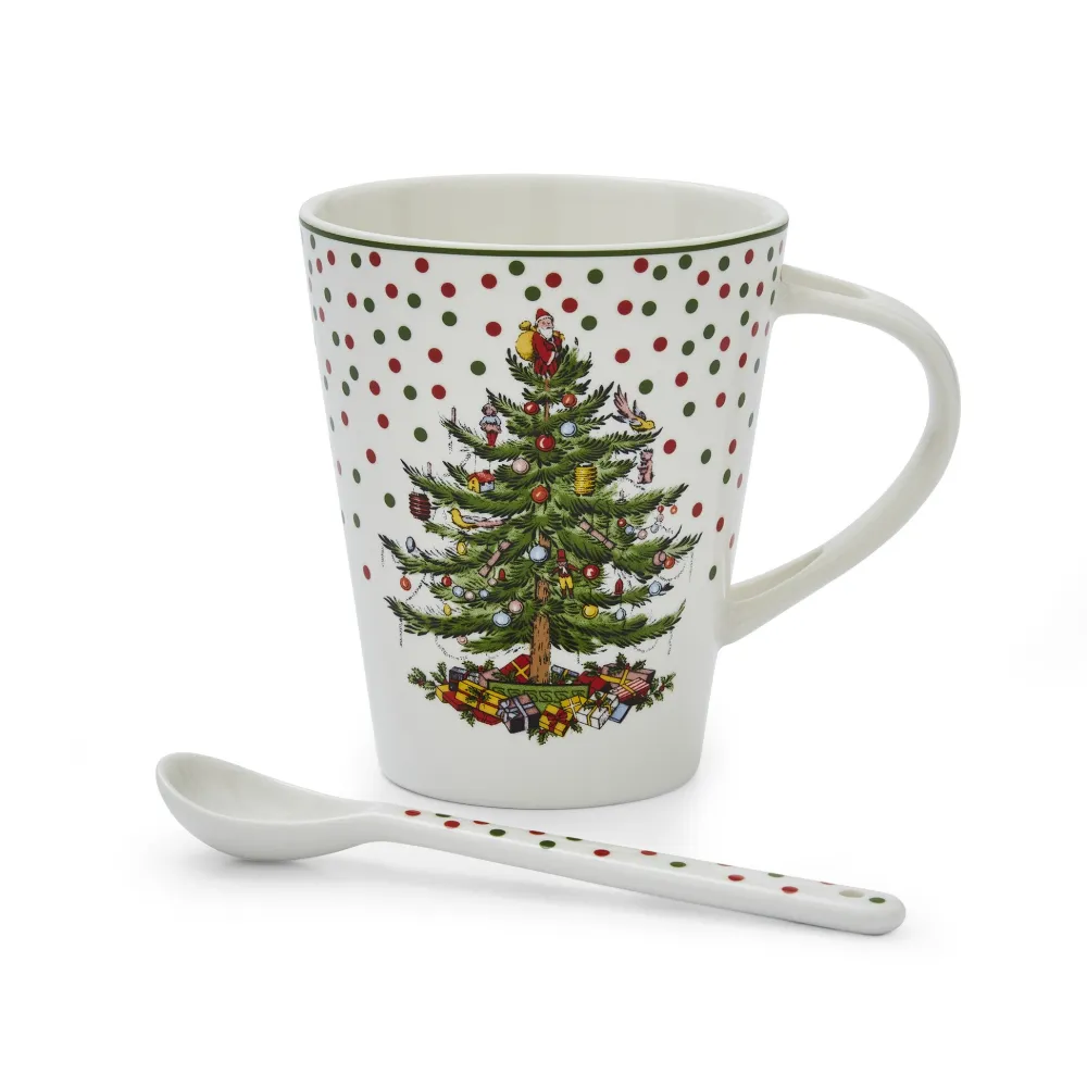 Spode Christmas Tree Polka Dot Mug & Spoon Set- Assorted Mugs