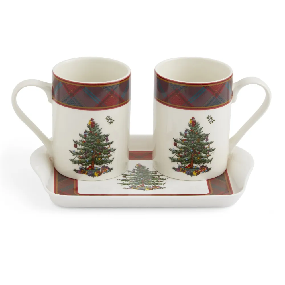 Spode Christmas Tree Tartan Mugs & Tray Set- Assorted Mugs