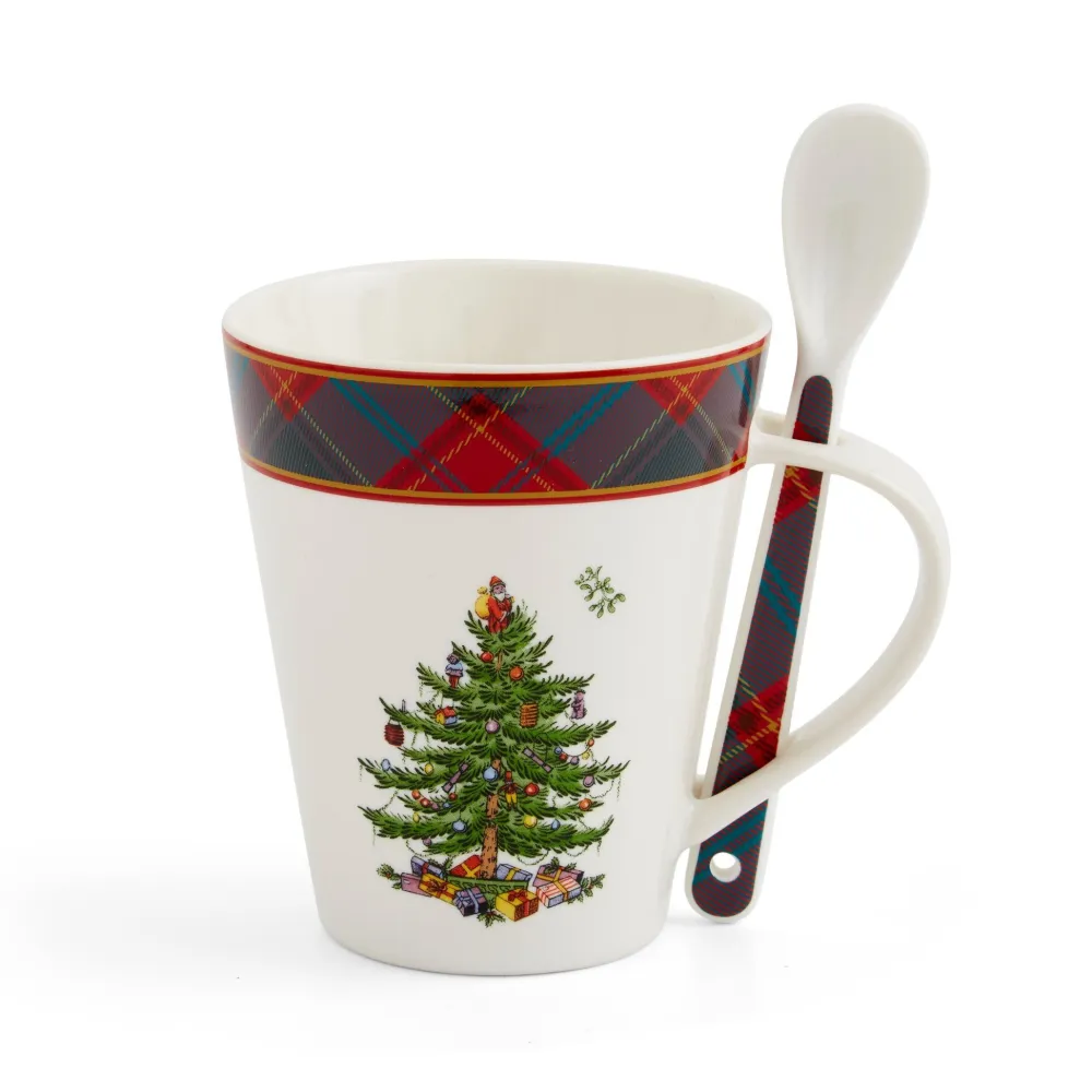 Spode Christmas Tree Tartan Mug & Spoon Set- Assorted Mugs