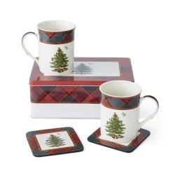 Spode Christmas Tree Tartan 5 Piece Mug and Tin Set- Assorted Mugs