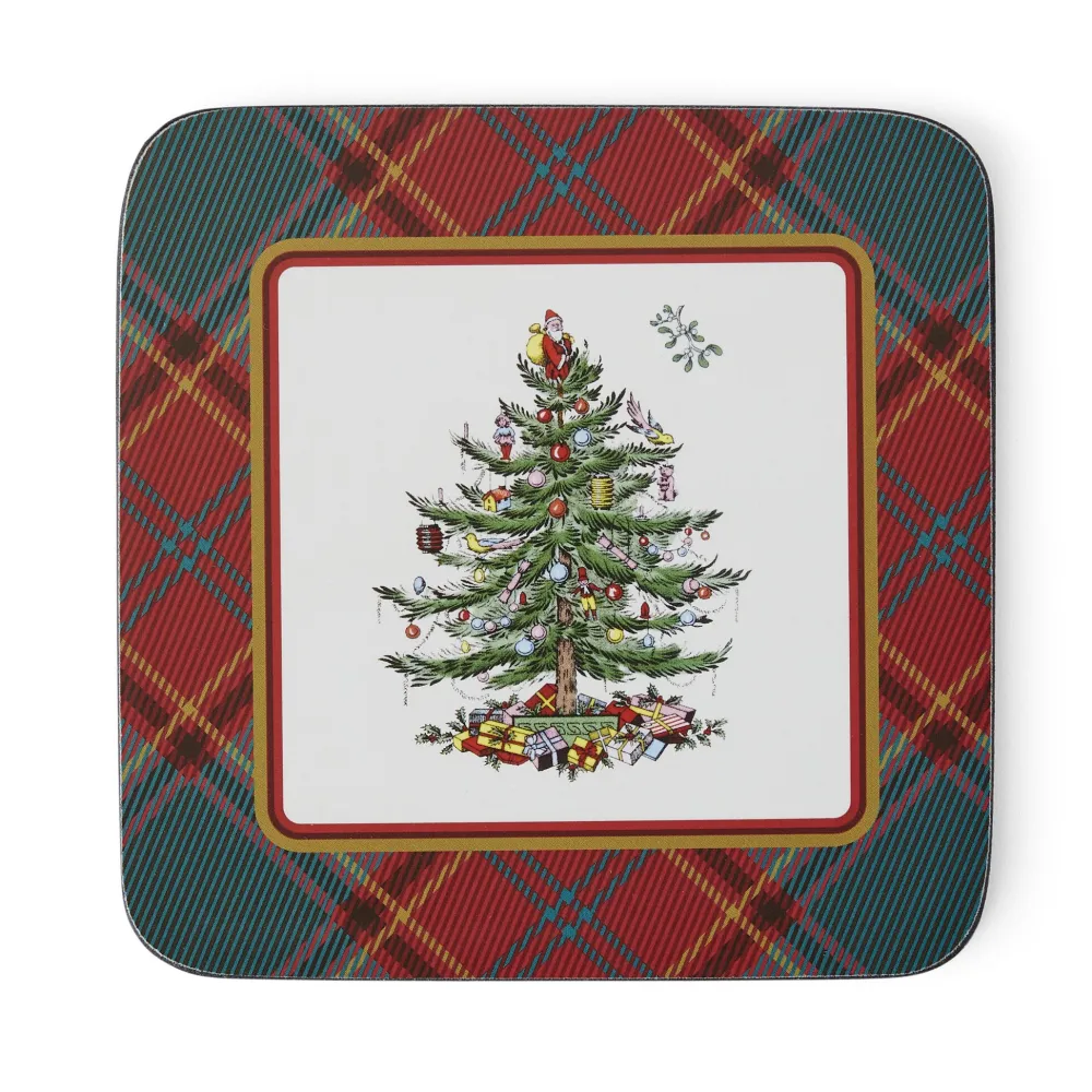 Spode Christmas Tree Tartan 5 Piece Mug and Tin Set- Assorted Mugs