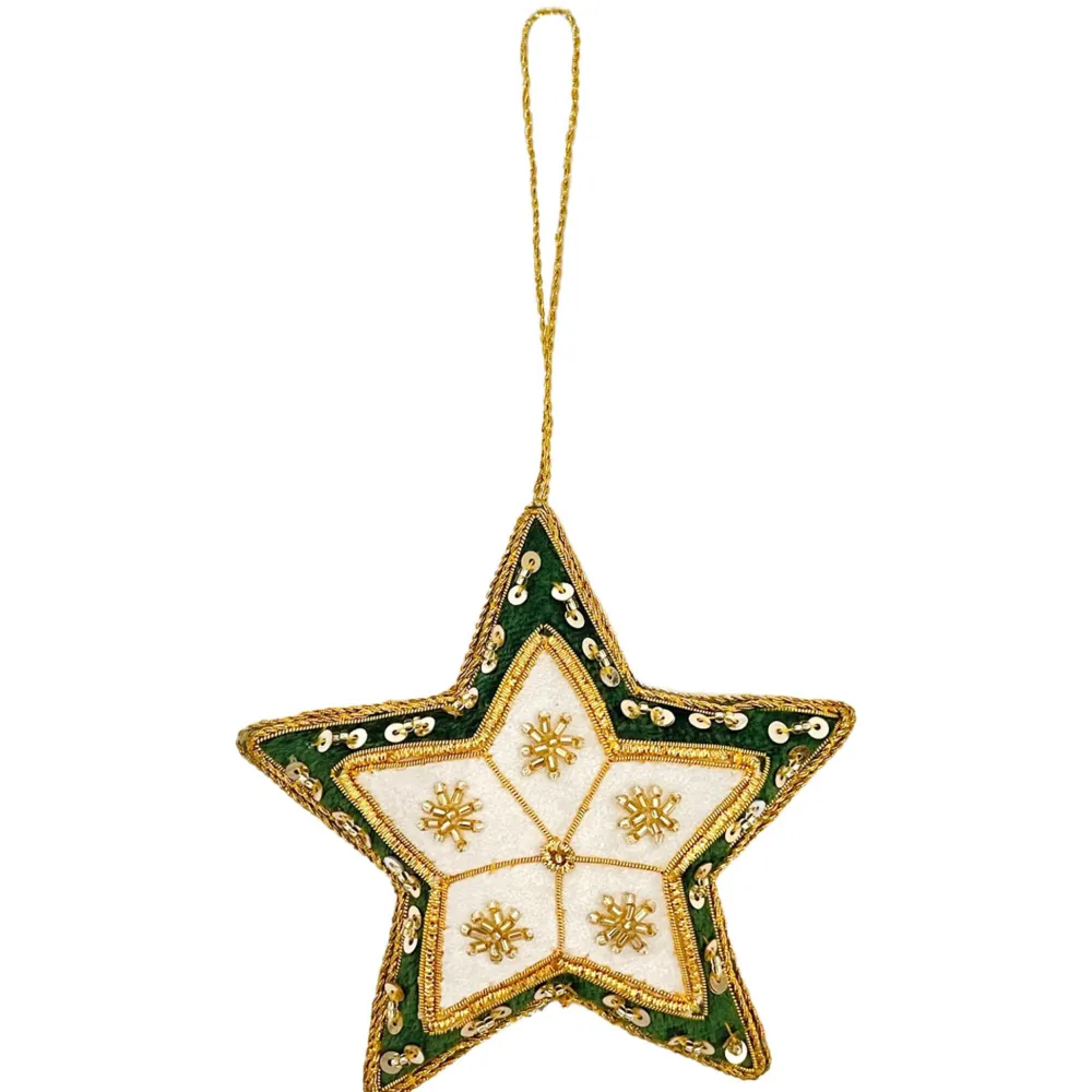 St. Nicolas Ivory & Green Velvet Starburst Star Ornament- St. Nicolas Ornaments