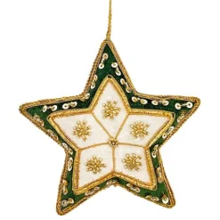 St. Nicolas Ivory & Green Velvet Starburst Star Ornament- St. Nicolas Ornaments