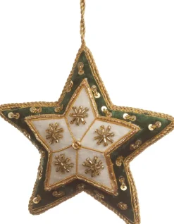 St. Nicolas Ivory & Green Velvet Starburst Star Ornament- St. Nicolas Ornaments